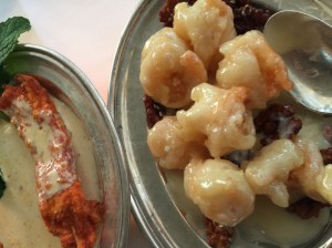 Chicken Satay // Glazed Prawns w/ Walnuts close us lol